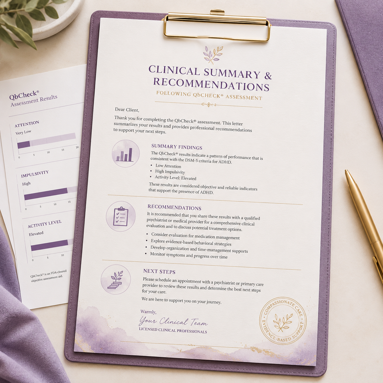 Clinical summary and recommendations letter following QbCheck ADHD testing with results and next-step guidance