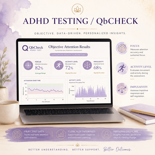 QbCheck ADHD testing results showing attention, activity level, impulsivity, and objective attention data